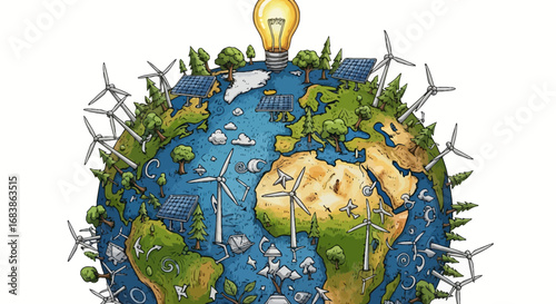Illustration of the earth covered in renewable energy sources like wind turbines and solar panels, with a lightbulb symbolizing innovation and ideas