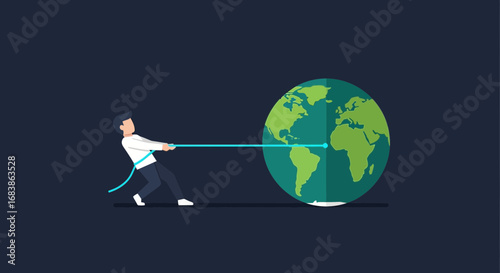 Man pulling the earth with a rope, symbolizing global responsibility and the effort to manage the planets resources and challenges