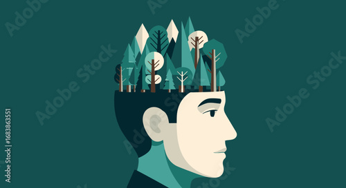 Mans head filled with trees and mountains, representing environmental consciousness, nature in mind, and ecological thinking
