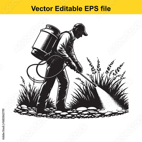 Gardener spraying pesticide on plants with a backpack sprayer