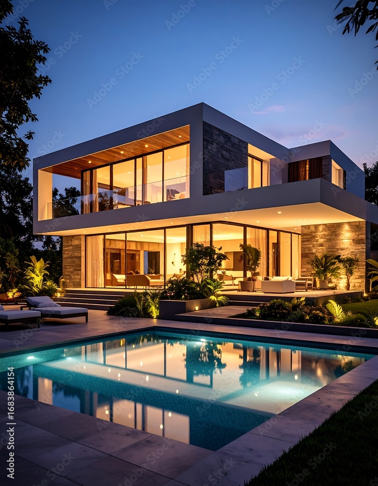 Fototapeta premium Modern luxury home at dusk by a pool