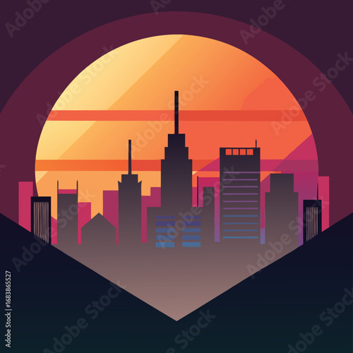 flat vector urban skyline with sunset (3).eps