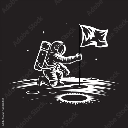 Astronaut plants flag on lunar surface celebrating space exploration and humanity s reach for the stars in a stark illustrative style