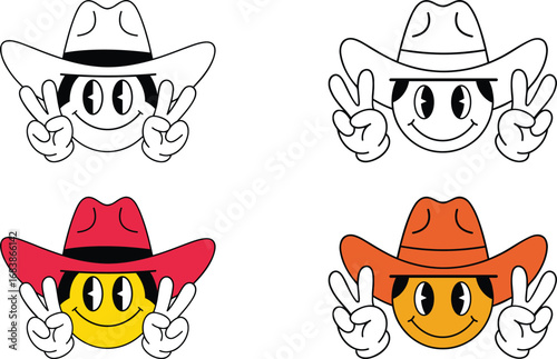 Cowboy Smiley Peace Sign Emoji – Cartoon Vector Icon Set