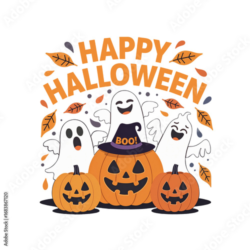 Spooky Halloween celebration with cheerful ghosts and pumpkins in autumn colors