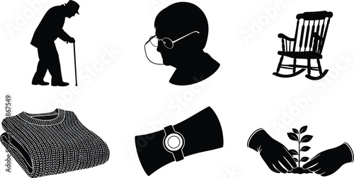 Elderly life and care silhouette icons, senior man, grandma, rocking chair, sweater, gardening, wristwatch vector illustration set