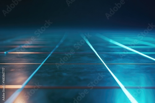 Illuminated grid pattern on dark surface creates futuristic ambi