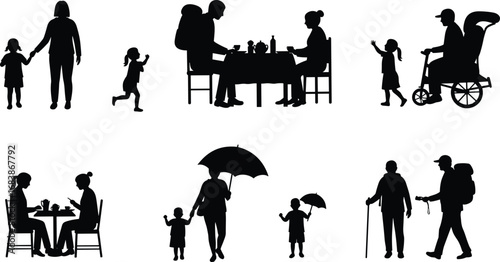 Family and daily life silhouettes including parents, children, dining, walking, playing, traveling, and bonding moments in vector art
