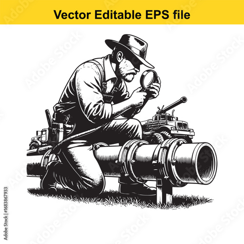 Man with magnifying glass inspecting large pipe, with tank in background
