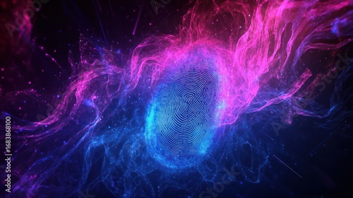 Abstract, nebula-like rendering of a glowing fingerprint
