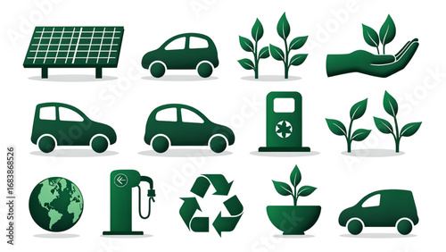 Sustainable Energy and Environment Icons – Flat Green Vector Set of Renewable Energy, Electric Vehicles, and Eco Concepts