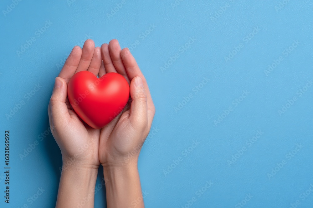 Obraz premium Symbolic Heart Held by Hands on Blue Background for Marketing Visuals