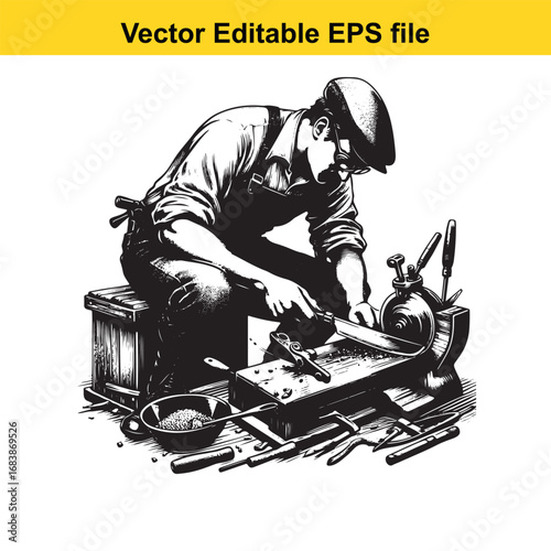 Man sharpening knife with grinding wheel, vector illustration