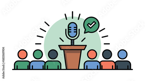 Illustration of a public speaking event with a microphone and audience members present