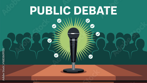 Microphone stands ready for a public debate with an audience in the background