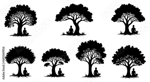 Vector art of collection of seven black silhouette trees with people meditating underneath