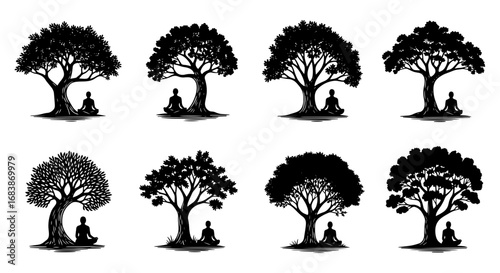 Vector art of eight black silhouette trees with people meditating underneath
