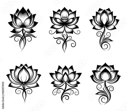 Vector art of six decorative vintage engraved lotus flowers with swirling stems