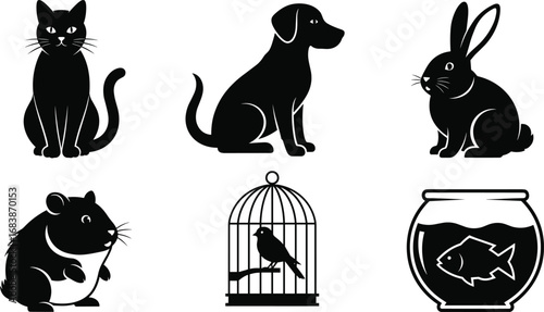 Pet animals silhouette collection, cat, dog, rabbit, hamster, bird in cage, fish in bowl vector illustration for pet lovers