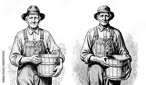 Vector art of two elderly farmers holding wooden buckets