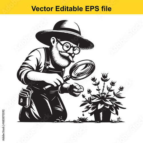 Gardener examining a plant with a magnifying glass, isolated on white background