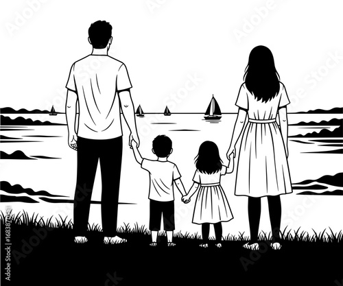 Vector art of a family of four, parents and two children, holding hands and looking out at sailboats on the water