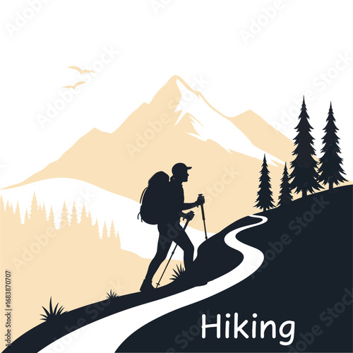 Vector art of silhouette of a hiker with a backpack and trekking poles walking on a winding path up a mountain with trees and sky in the background