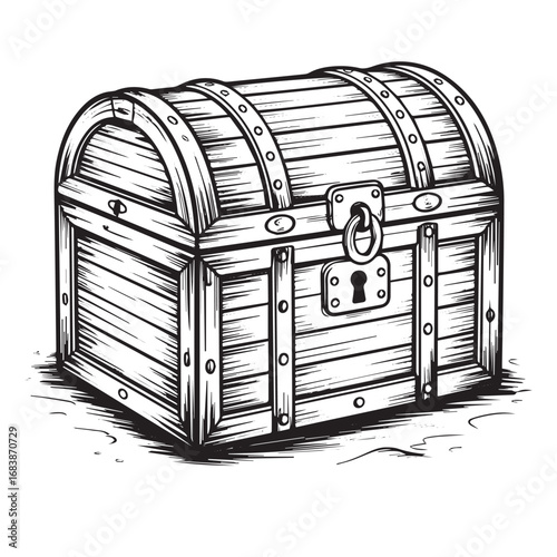 Vintage wooden treasure chest black and white illustration for pirate, adventure, and fantasy design
