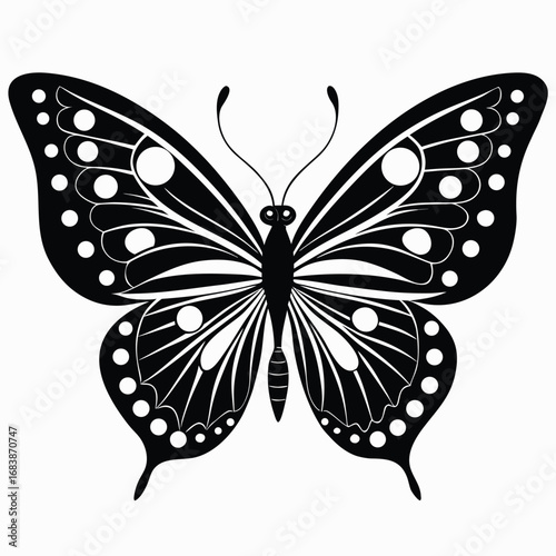 Black and white butterfly illustration with symmetrical wings and dotted patterns insect flying