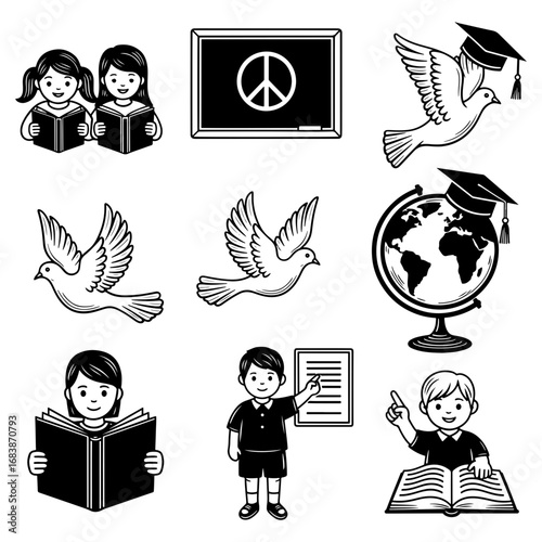 Vector art of set of educational and peacerelated icons featuring children reading, a globe, graduation caps, doves, and a peace sign on a blackboard