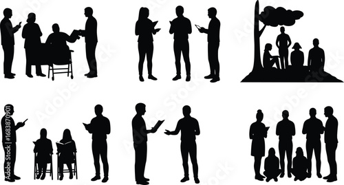 Silhouettes of diverse people in discussions, reading, social gathering, teamwork, collaboration, and outdoor group activities in casual settings