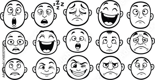 Set of doodle cartoon character facial expressions and emotions black and white vector illustration
