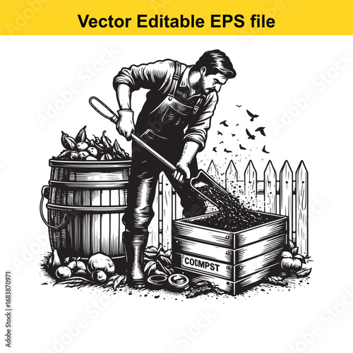 Farmer shoveling compost into a wooden bin with vegetables and fence