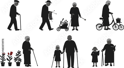 Silhouettes of elderly men and women walking, gardening, knitting, riding bike, reading, and spending quality time with family