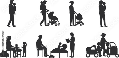 Silhouettes of parents with children walking, reading, playing, and using strollers in daily family and childcare activities