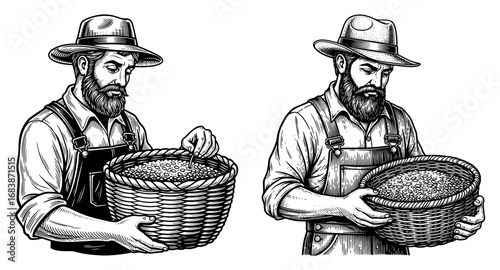 Vector art of two detailed black and white illustrations of a farmer with a beard holding a basket of grain