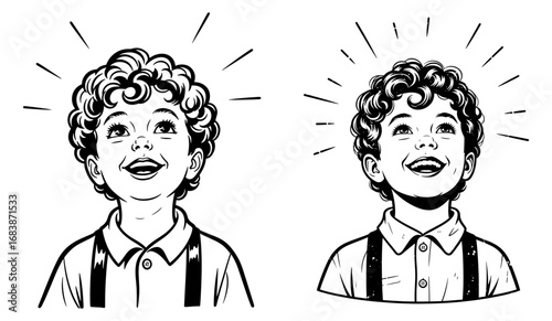 Vector art of two happy boys with curly hair looking up with radiating lines