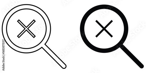 Cross sing on dark magnifying glass icon. Search object, Lens icon set. Graphical vector illustration of zoom icon. Modern vector shape lens. Black isolated zoom icon set. EPS 10. 