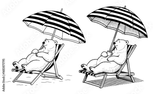 Vector art of two polar bears relaxing under umbrellas on lounge chairs