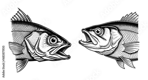 Vector art of two aggressive fish with open mouths facing each other, captured in a dramatic black and white ink illustration