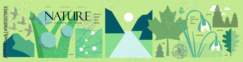 Nature and environment. Vector modern abstract illustrations of dew on grass, spider web, snowdrop, norwegian fjords, maple leaf for eco icons, banner, background and cover