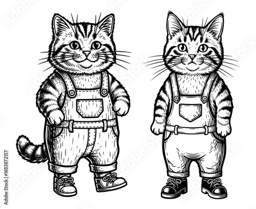 Vector art of two cartoon cats wearing overalls and boots in a black and white illustration