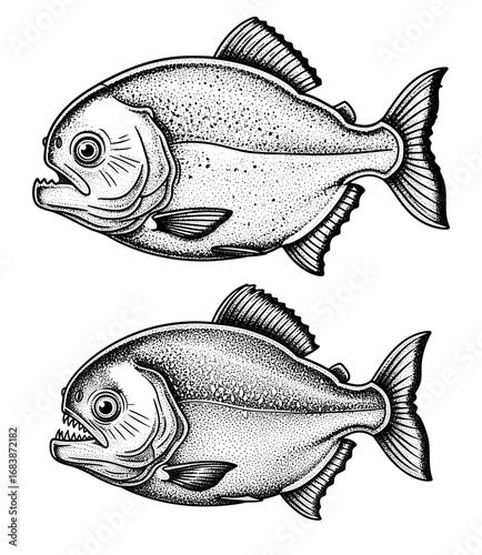 Vector art of two piranha fish in a black and white illustration
