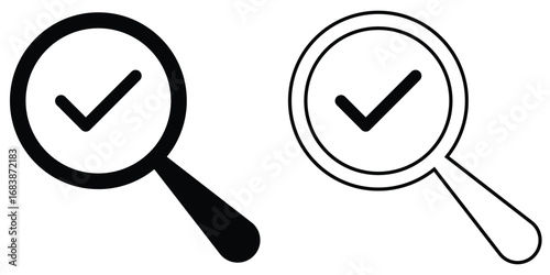 Search object, Lens icon set. Graphical vector illustration of zoom icon. Tick sing on isolated zoom lens icon set. Vector magnifying glass icon set on white background. EPS 10. 