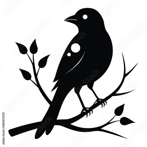 Black Silhouette of a Bird Perched on a Branch with Leaves on White Background vector illustration
