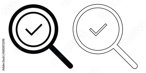 Search object, Lens icon set. Graphical vector illustration of zoom icon. Modern vector shape lens. Tick sing on isolated zoom lens icon set. Vector magnifying glass icon set on white background. 