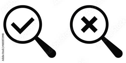 Cross sing on dark magnifying glass icon. Search object, Lens icon set. Graphical vector illustration of zoom icon. Modern vector shape lens. Black isolated zoom icon set. EPS 10. 