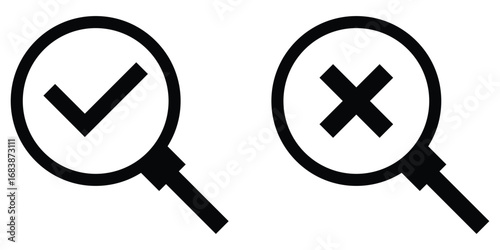 Cross sing on dark magnifying glass icon. Search object, Lens icon set. Graphical vector illustration of zoom icon. Modern vector shape lens. Black isolated zoom icon set. EPS 10. 
