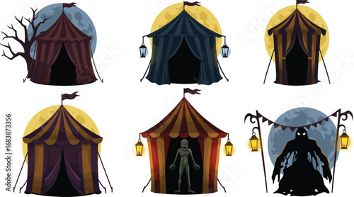 Spooky Halloween tents with full moon, eerie circus tents with lanterns, creepy tent with monster and shadow figure in doorway