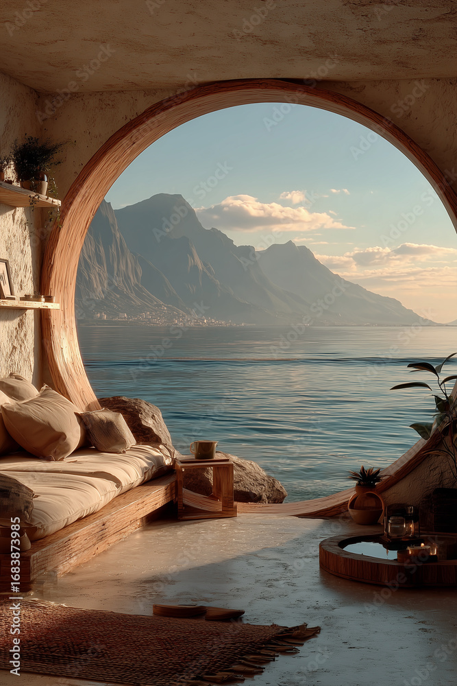 Naklejka premium Ocean View Through a Modern Round Window